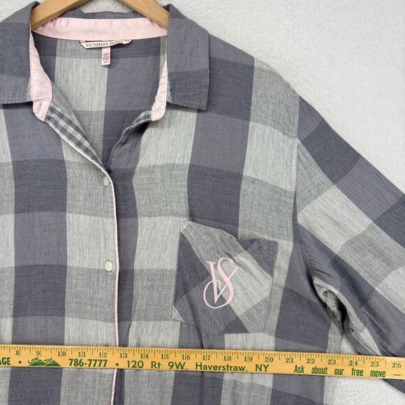 VICTORIAS SECRET Sleepshirt L Check Button Front Long Sleeve PJ Top Gray - Picture 13 of 15